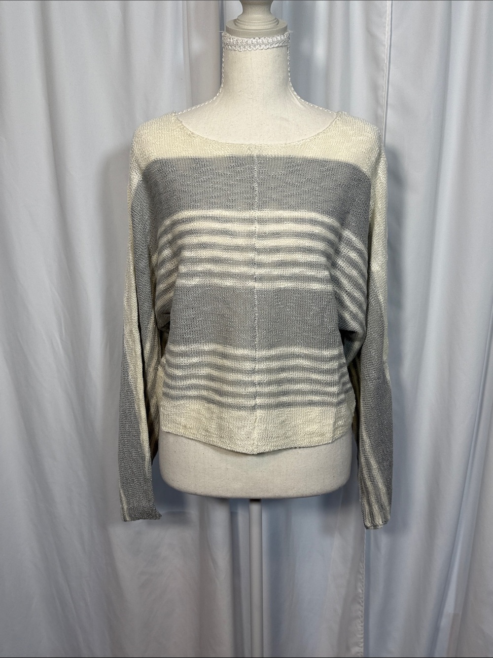 Promesa Light Gray and Cream Striped Crewneck Sweater